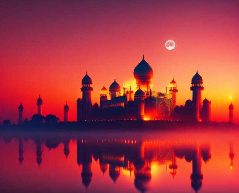 Taj Mahal silhouette at sunset with pink and orange sky, moon reflected in water