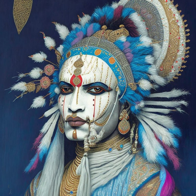 Elaborate face paint and feathered headdress on dark background