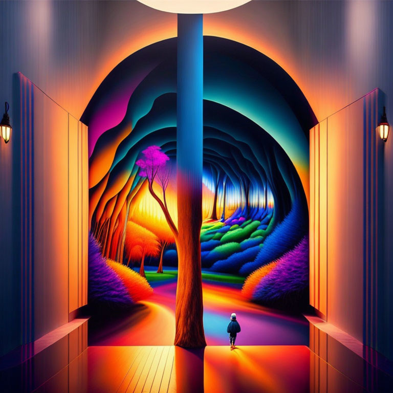 Colorful surreal landscape with lone figure in whimsical tunnel pathway