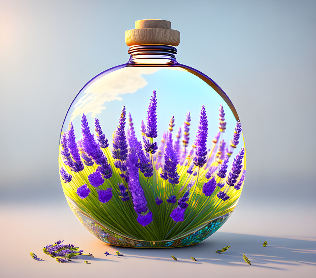 Glass bottle with cork: Lavender flowers in miniature landscape