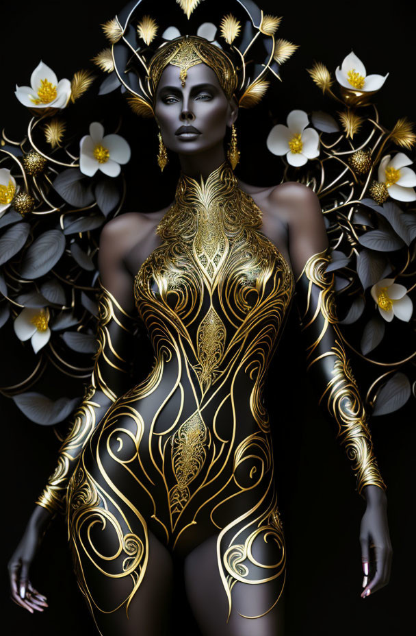 Intricate gold body art on majestic figure with lotus flowers