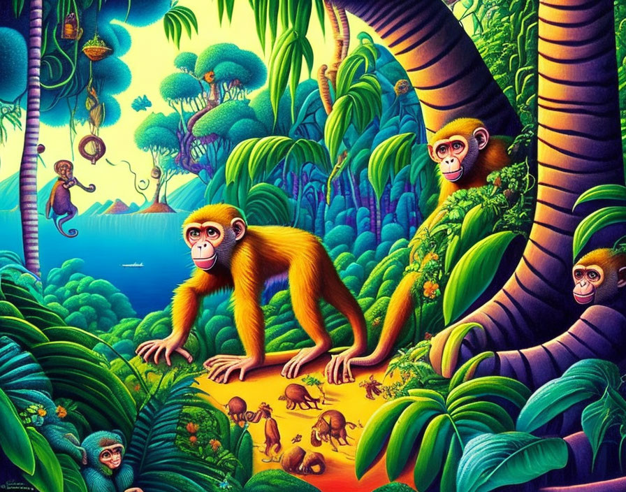 Colorful Jungle Scene with Curious Monkey Among Foliage