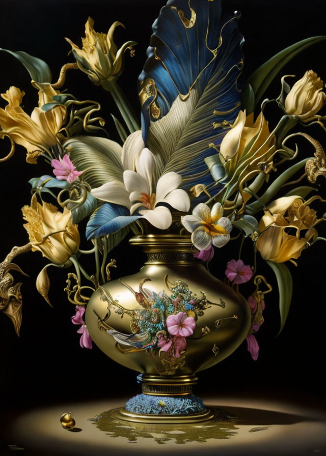 Golden vase with embossed designs holding blooming flowers on dark background