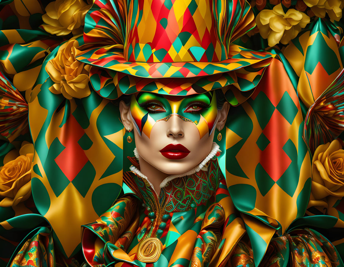 Colorful portrait with harlequin hat, makeup, golden roses, and patterned fabric