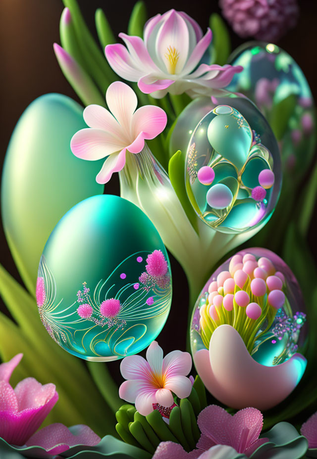 Colorful digital artwork featuring ornate Easter eggs, pink flowers, greenery, and bubbles