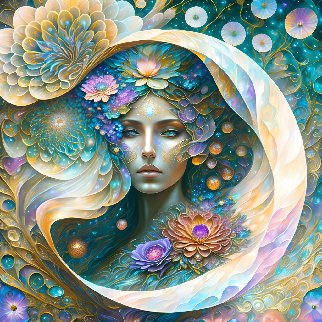 Vibrant blue and gold surreal portrait with floral and swirly patterns