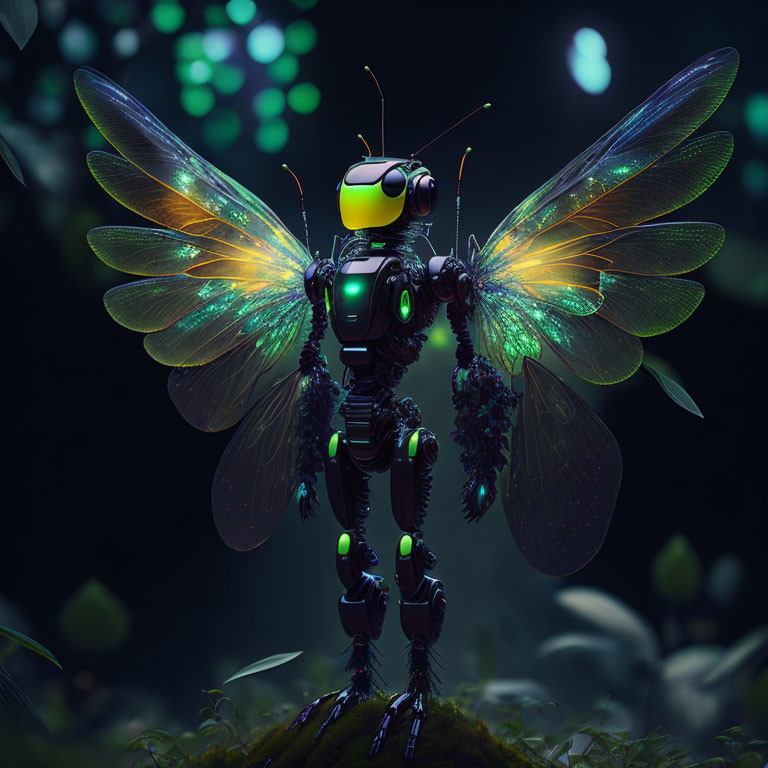 Metallic Robotic Dragonfly with Glowing Features on Mossy Hillock