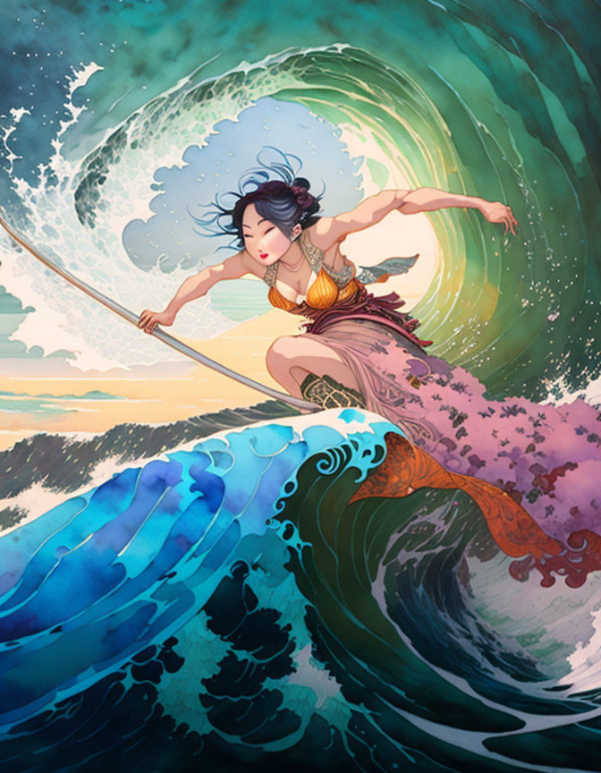 Animated woman on staff rides cresting wave with colorful garments