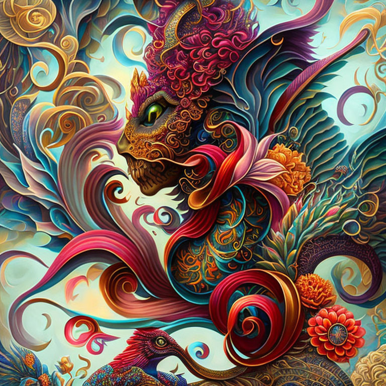 Colorful Fantasy Artwork: Dragon and Bird with Intricate Patterns