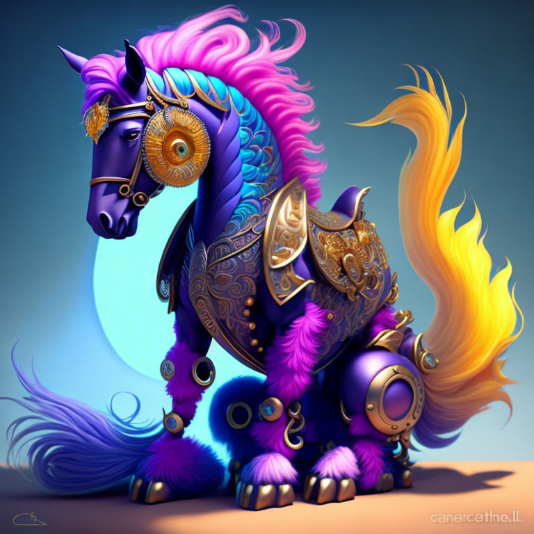 Colorful fantasy art of armored purple horse with fiery orange mane