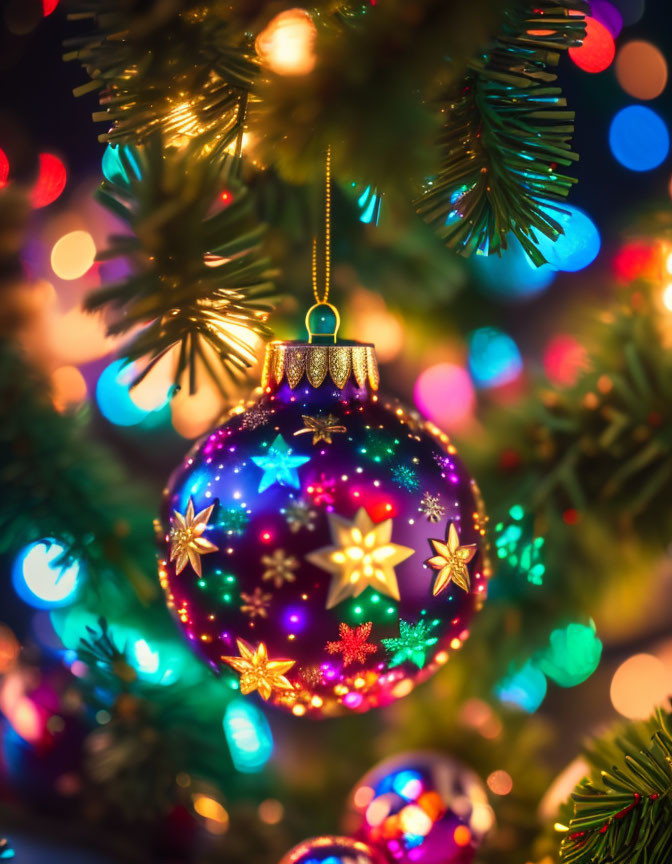 Colorful Christmas ornament hanging on tree with twinkling stars and blurry lights