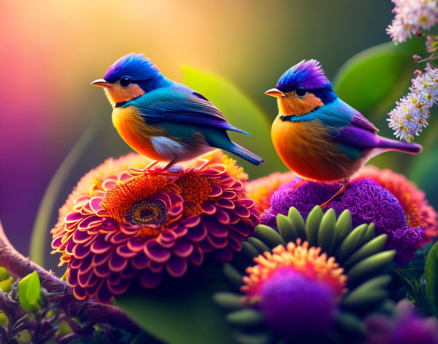 Vibrant birds on colorful flowers with soft-focus background