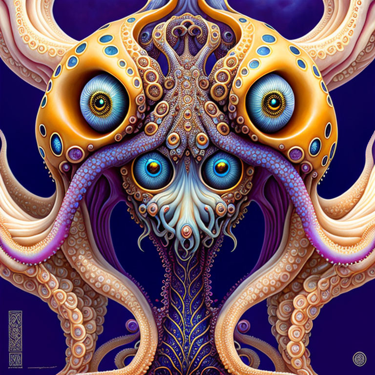 Detailed surreal octopus illustration with hypnotic blue eyes and vibrant orange/purple hues