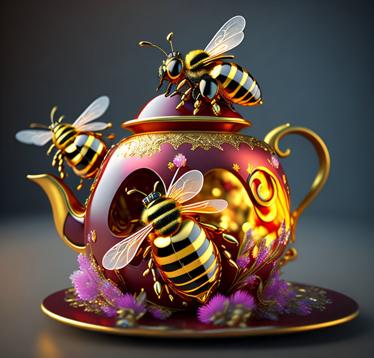 Whimsical 3D illustration: Oversized honeybees with ornate teapot & sa