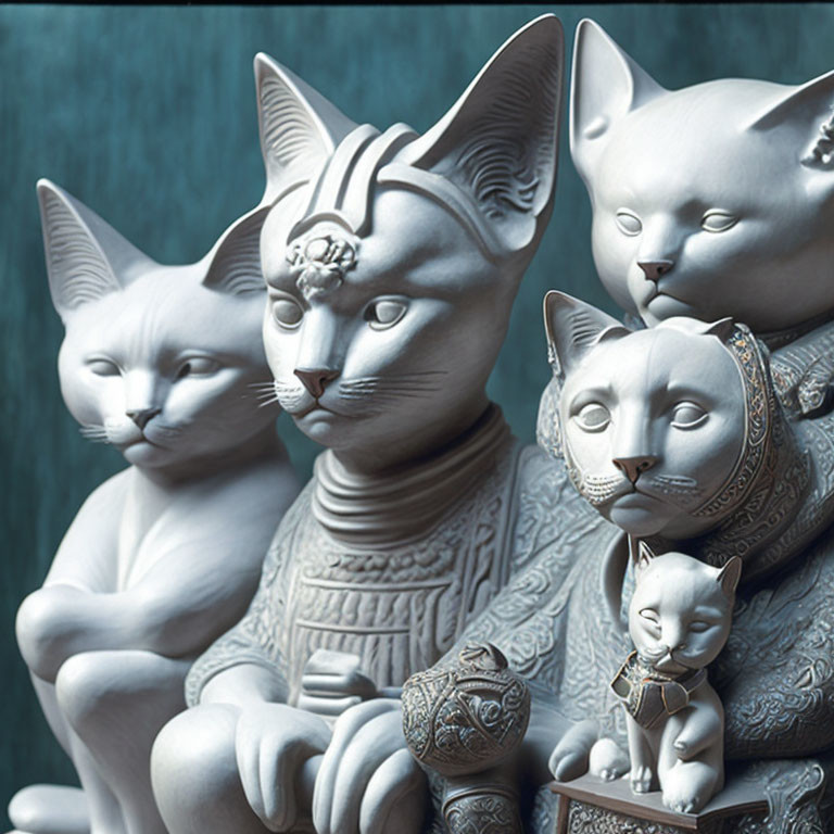 Stylized white cat statues in various poses on teal background