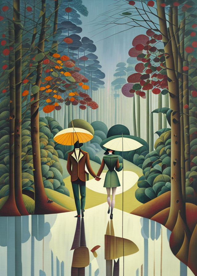 Stylized illustration of couple with umbrellas in autumn forest