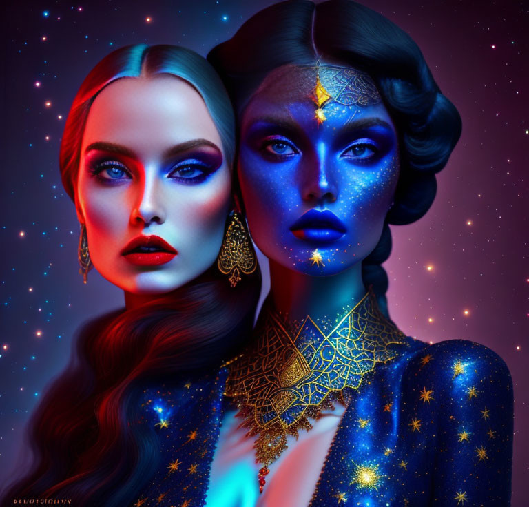 Digital art: Two women, one with blue skin and cosmic motifs, the other with starry designs