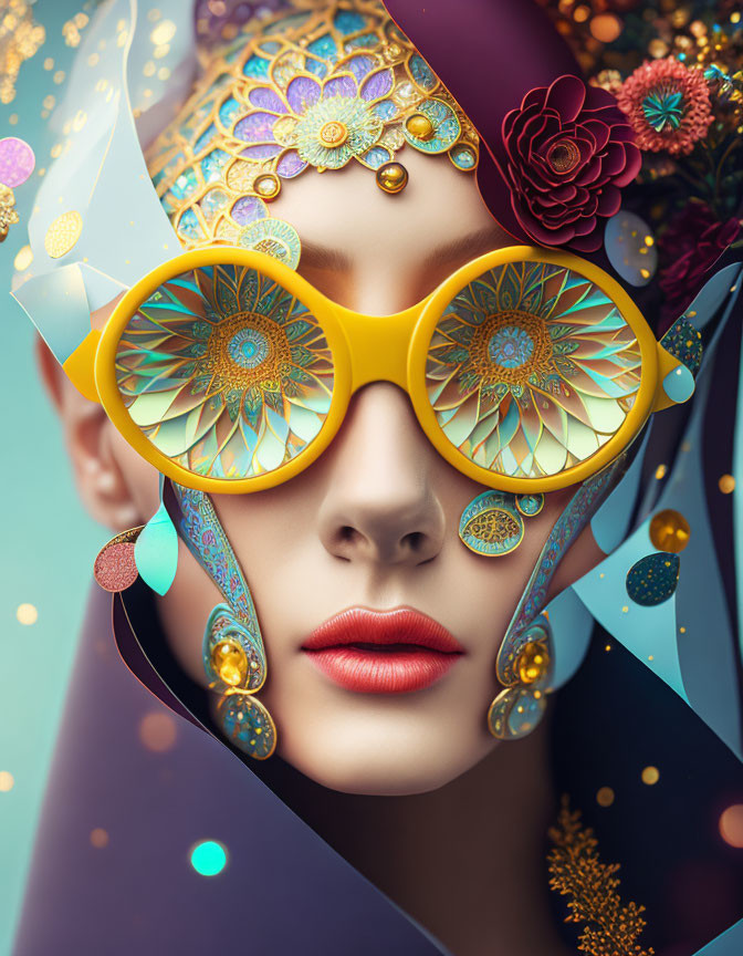 Surreal portrait of woman with yellow glasses and floral backdrop