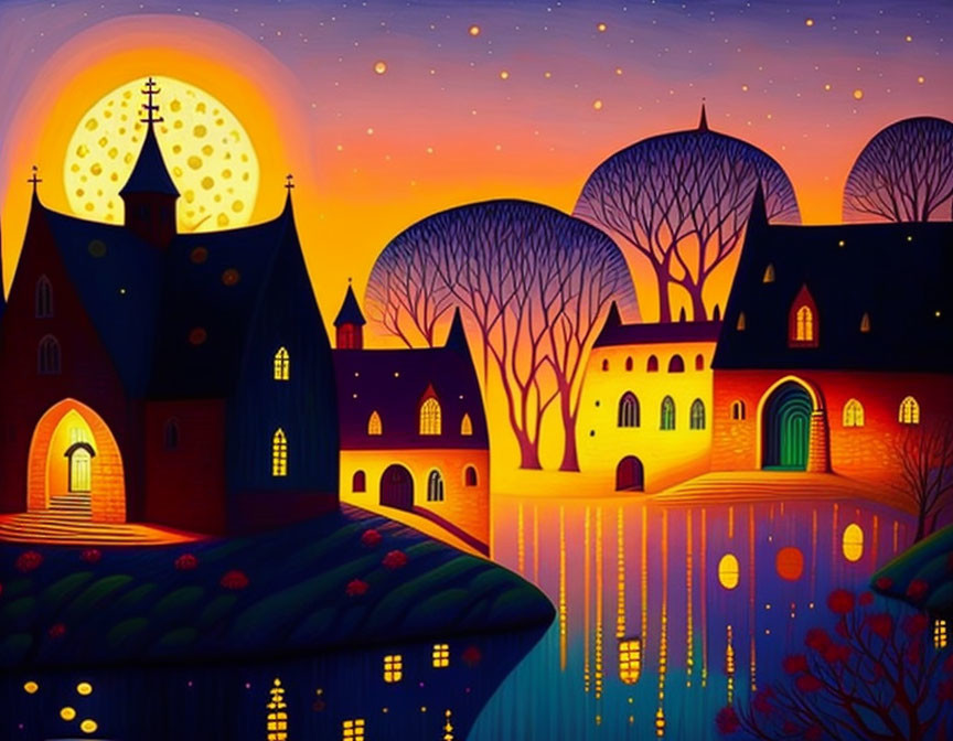 Colorful artwork: Nocturnal village with moonlit sky, illuminated buildings, and reflective trees