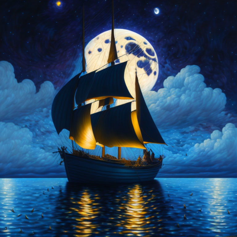 Night Seascape with Sailing Ship and Full Moon