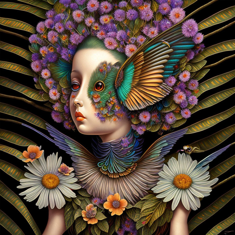 Surrealist portrait blending woman's face with vibrant flowers and bird features