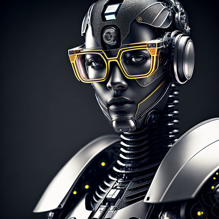 Detailed Female Robot with Yellow Glasses on Dark Background