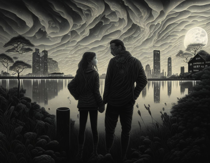 Couple holding hands by lake with city skyline, trees, moon, and wavy sky.