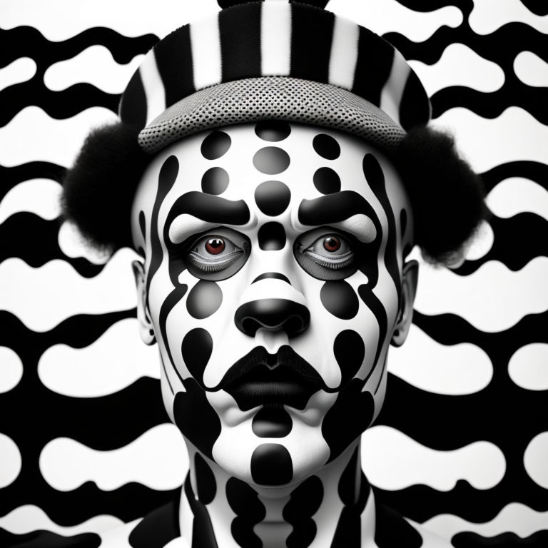 Person in Black and White Makeup with Swirling Background