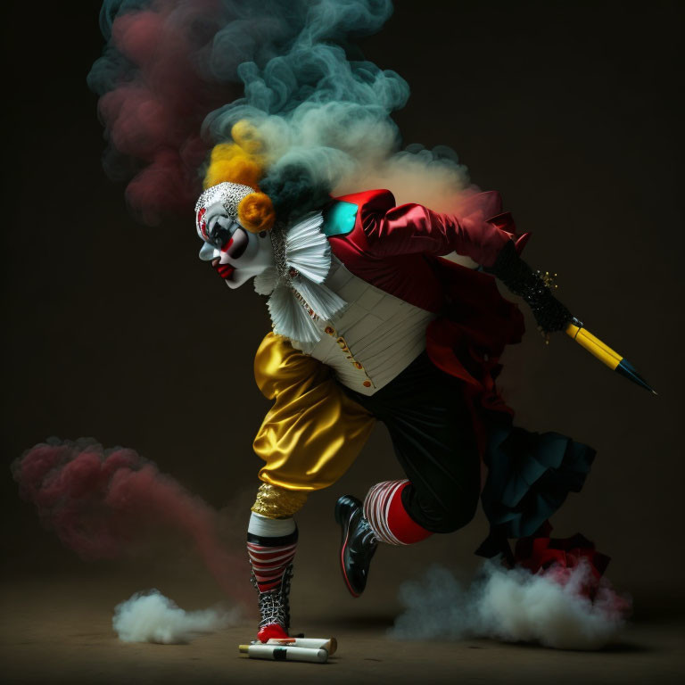 Colorful Clown in Dynamic Pose with Smoke Effects and Cane