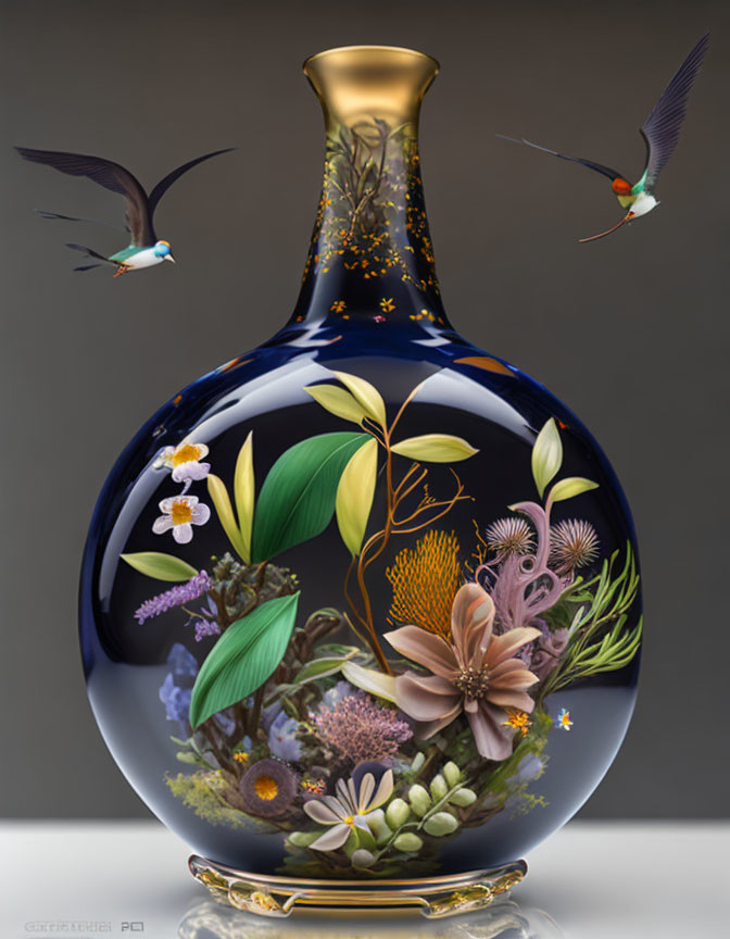 Ornate vase with botanical illustrations and birds on grey background