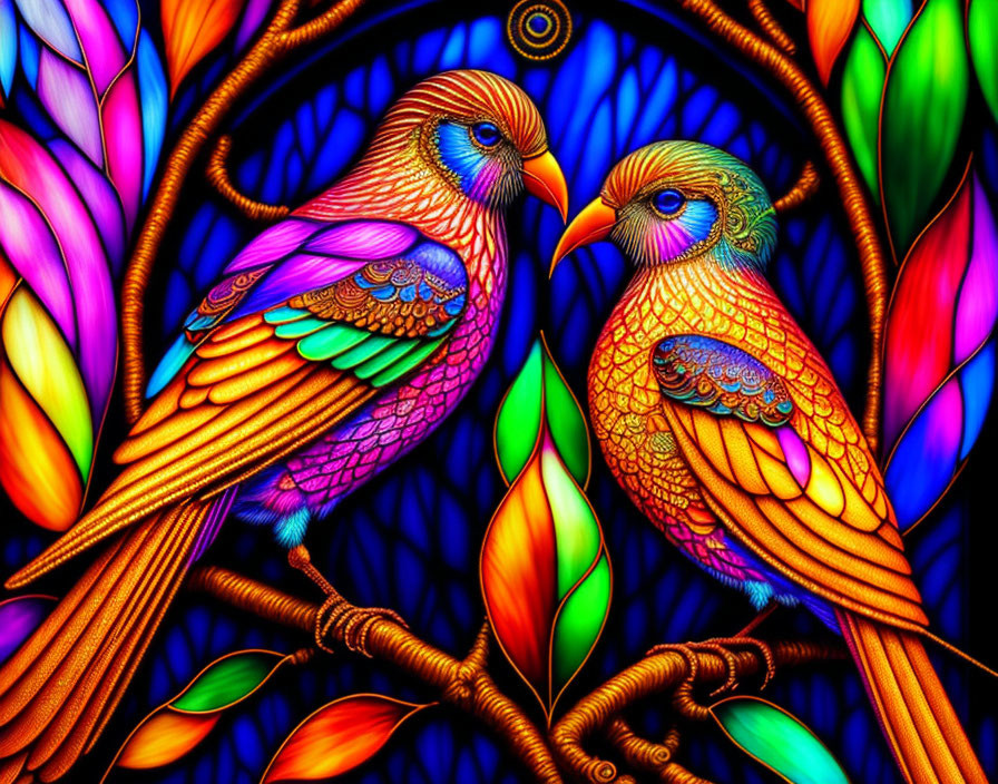 Vibrant Stylized Bird Artwork on Branch Background