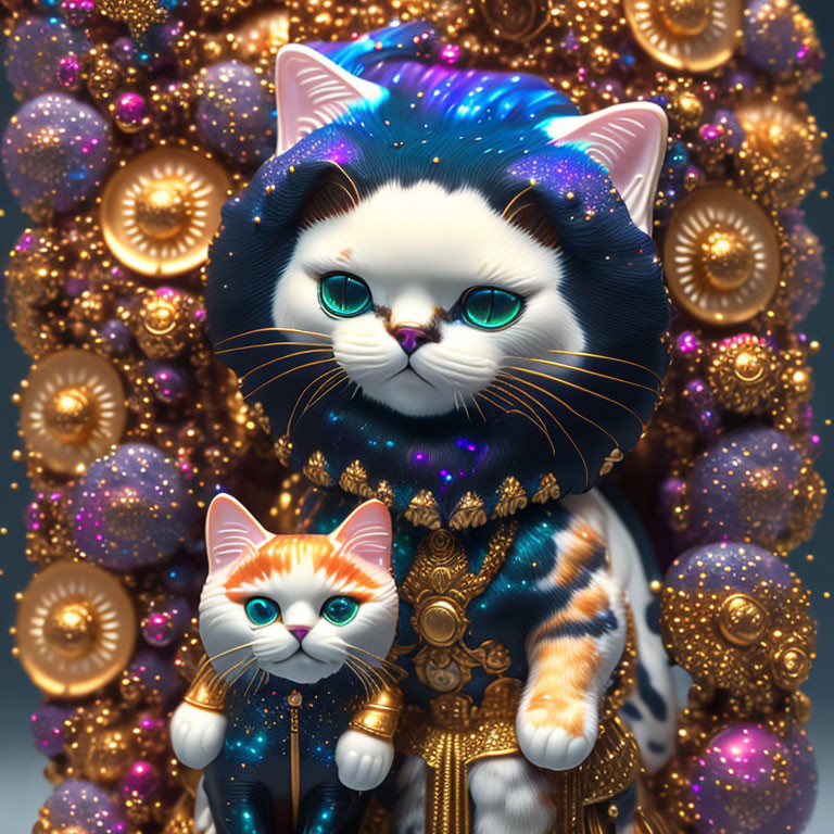 Regal cats in golden attire with celestial orbs and cosmic fur