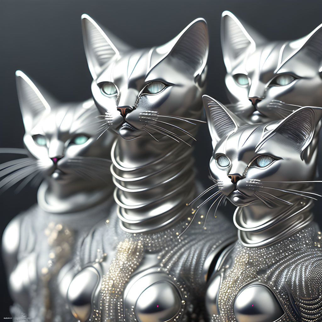 Futuristic metallic cats with glowing green eyes on dark background