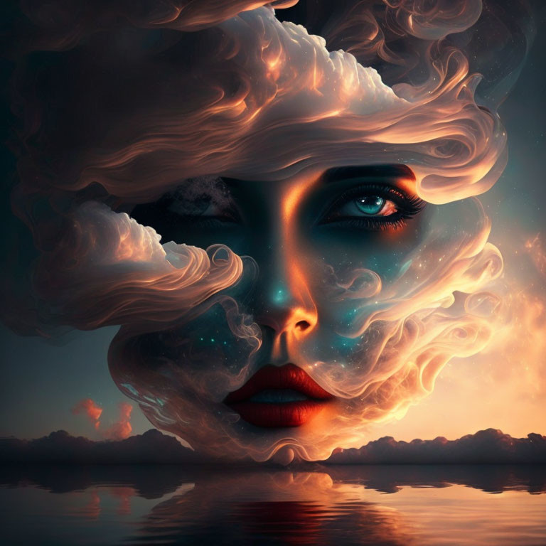 Surreal portrait of a woman merging with cosmic cloud