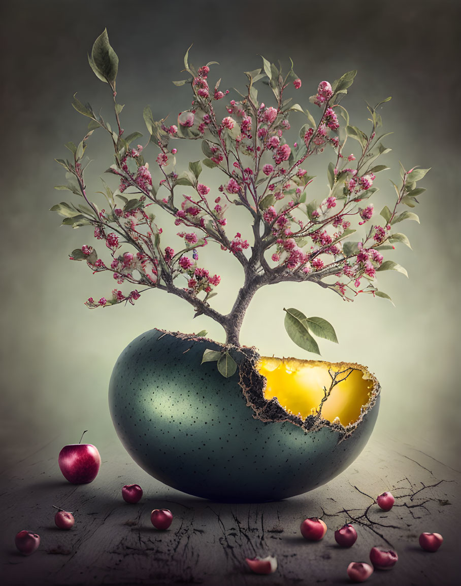 Surreal blossoming tree emerging from cracked egg with pink blossoms