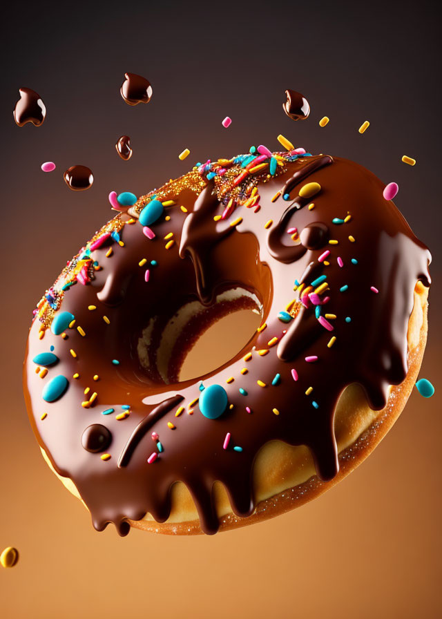 Colorful Sprinkle Chocolate Glazed Donut with Floating Droplets