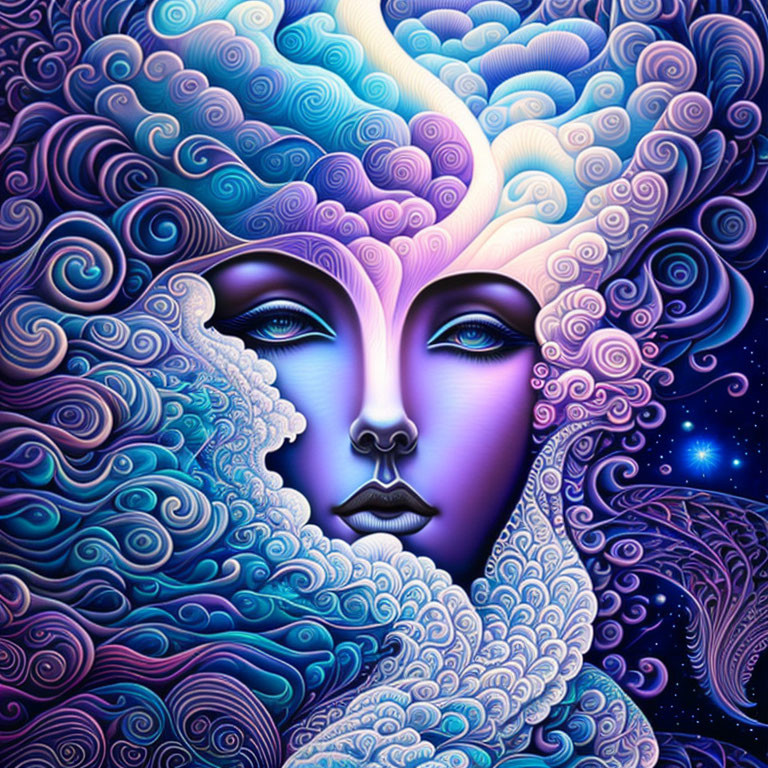 Colorful Psychedelic Woman's Face Art in Blue and Purple