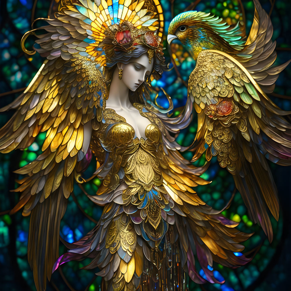 Mythical being with golden wings and armor beside majestic bird on stained-glass backdrop