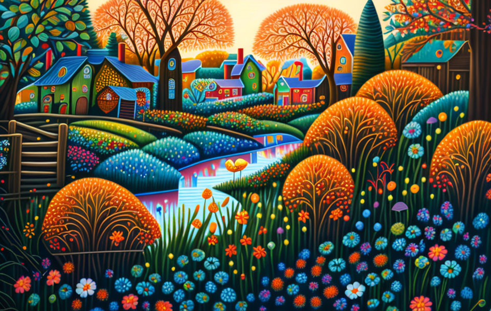 Vibrant village painting with whimsical houses, trees, stream, and flowers