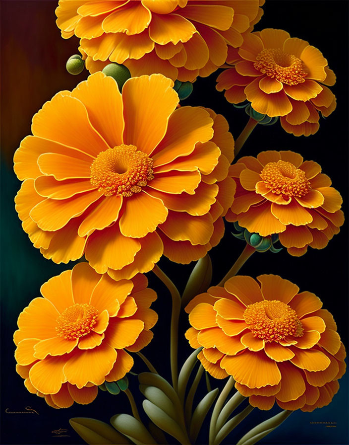 Bright orange flowers with yellow centers on dark background.