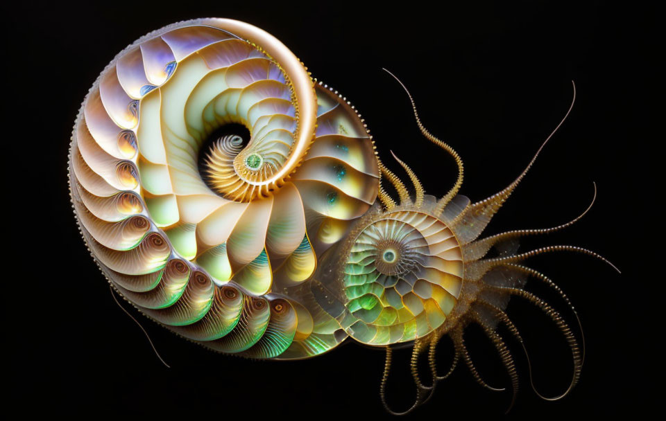 Surreal nautilus shell digital art with fractal tentacles on black background