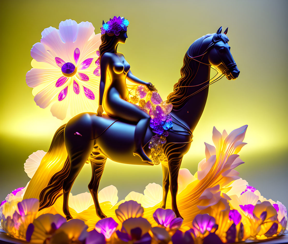 Stylized image of elegant figure on horse with floral accents