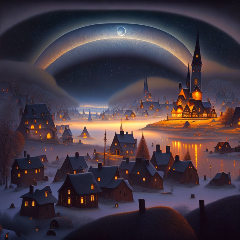 Snowy village at night with illuminated houses, church, lake reflection, moon, and striped clouds.