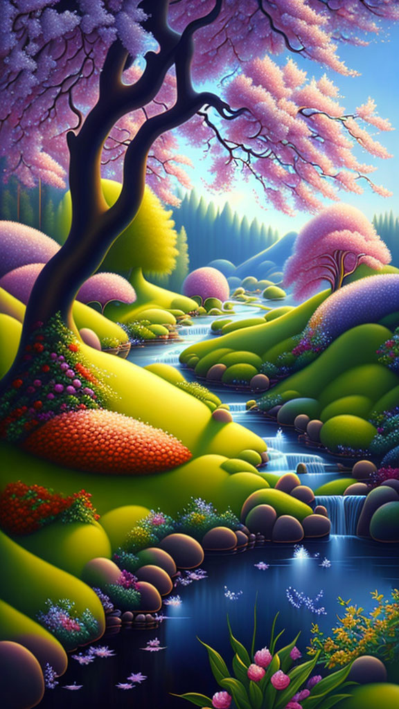 Fantasy landscape: flowing streams, green hills, cherry trees, flowers, twilight sky