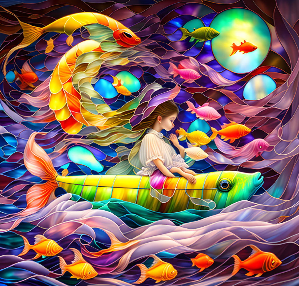 Vibrant surreal image of girl riding fish in mystical setting