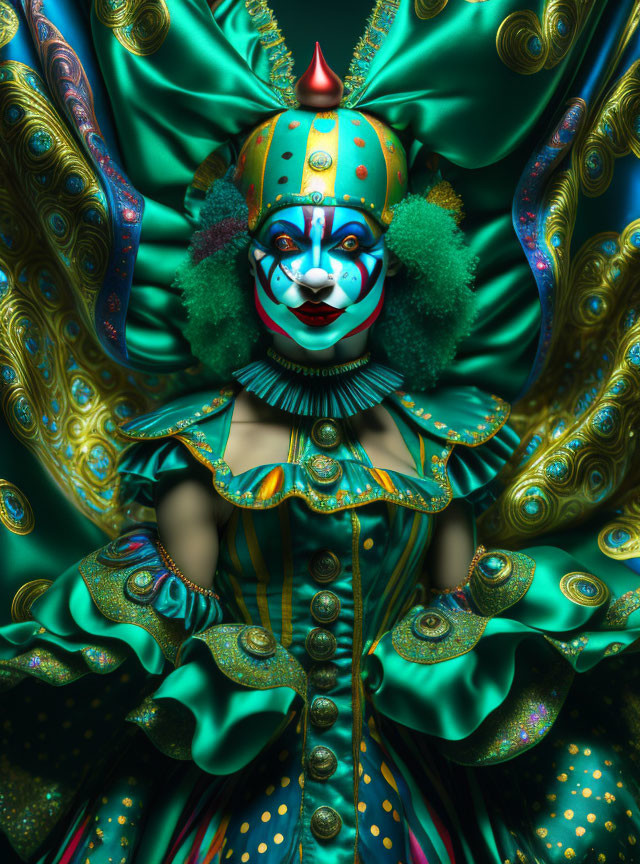 Colorful Clown in Elaborate Costume with Frills and Painted Face