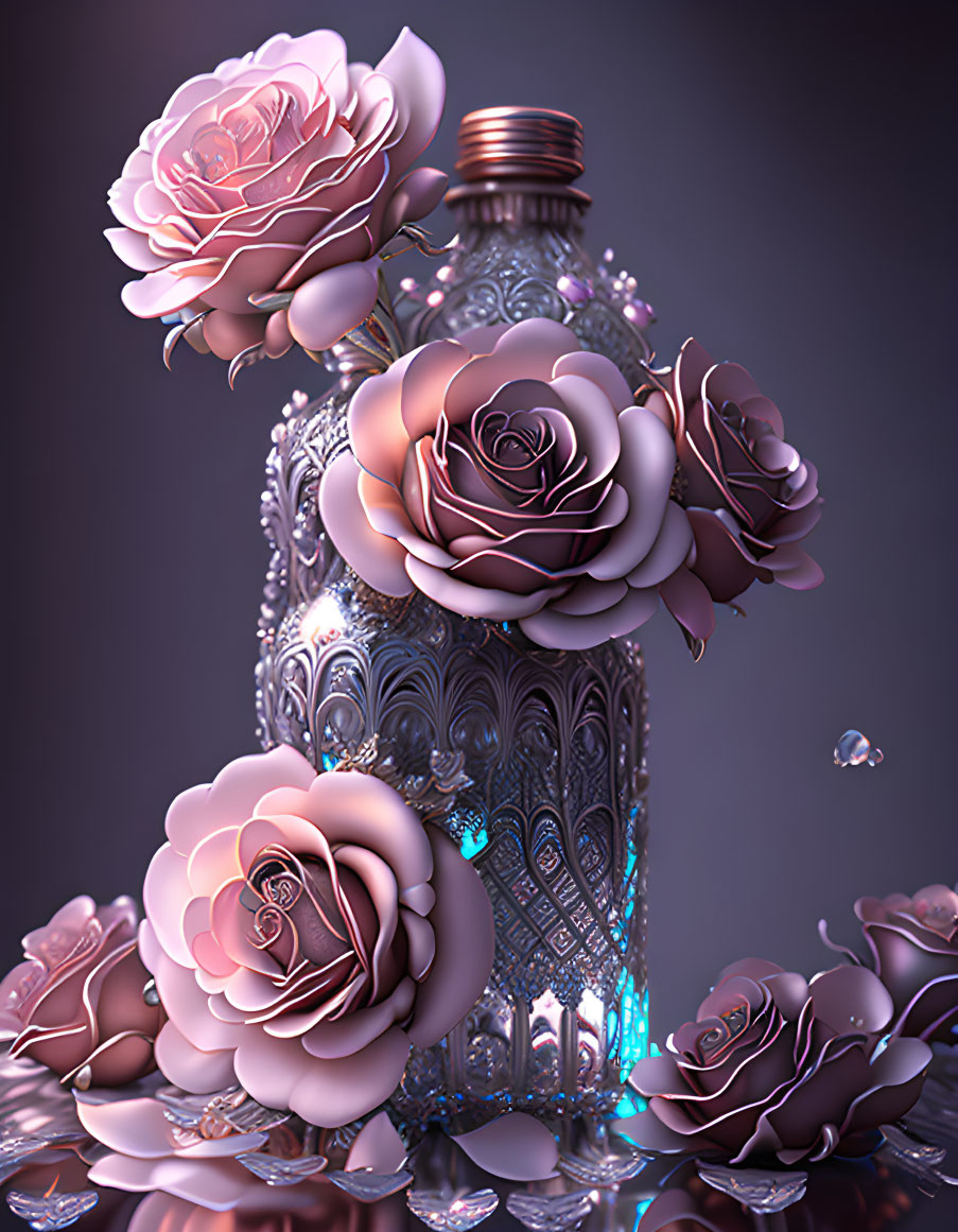 Intricate Glass Perfume Bottle with Metallic Roses on Purple Background