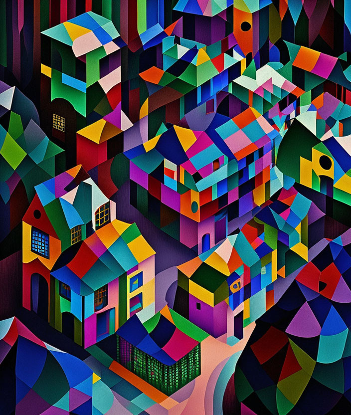 Vibrant geometric village with abstract 3D buildings