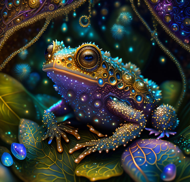 Colorful stylized frog with intricate patterns in a lush natural setting