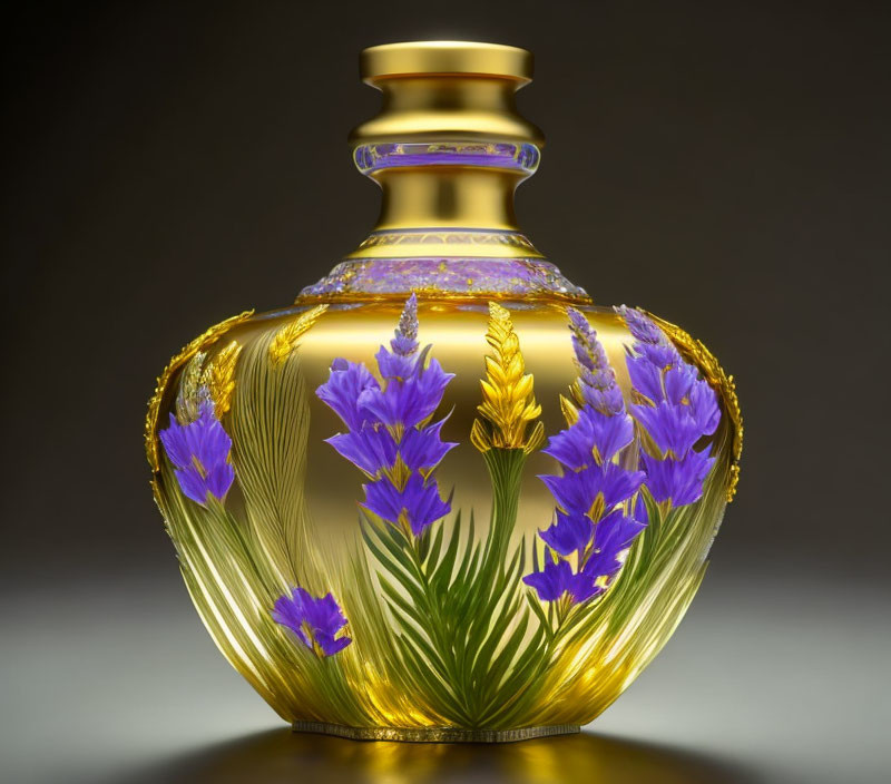 Luxurious Glass Perfume Bottle with Gold Accents and Purple Flowers on Gradient Background